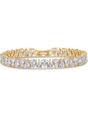 Elegant 14K Gold Plated Tennis Bracelet for Women, Bridal Pear CZ Jewelry Gift